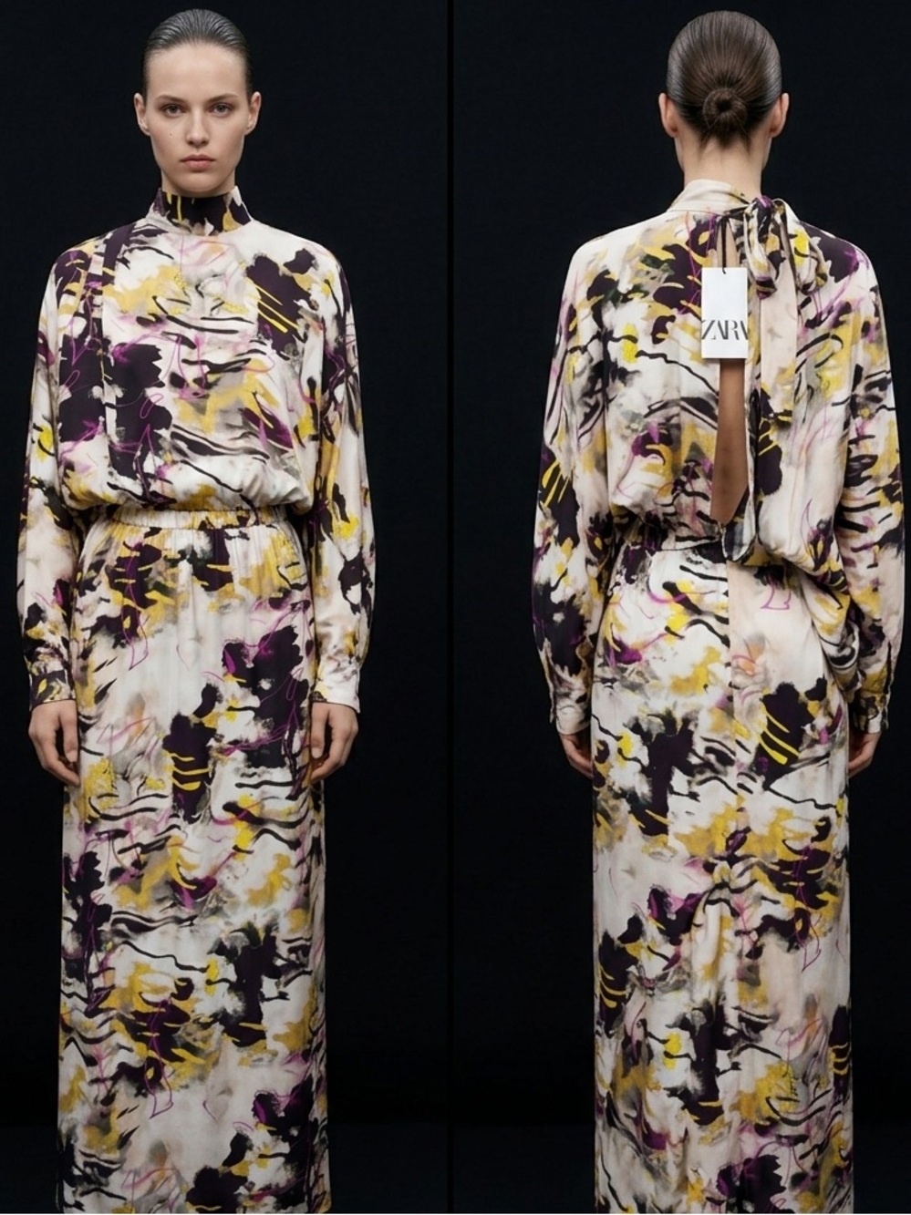 Zara Abstract Print High-Neck Maxi Dress in Purple, Yellow, Black